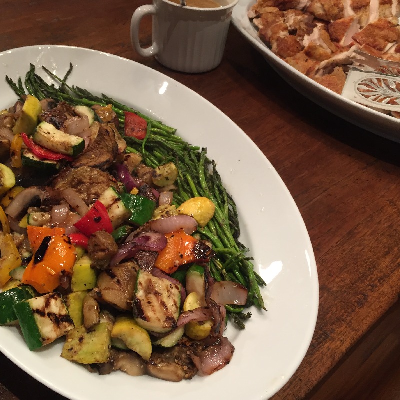 platter of grilled vegetables and roasted chicken 