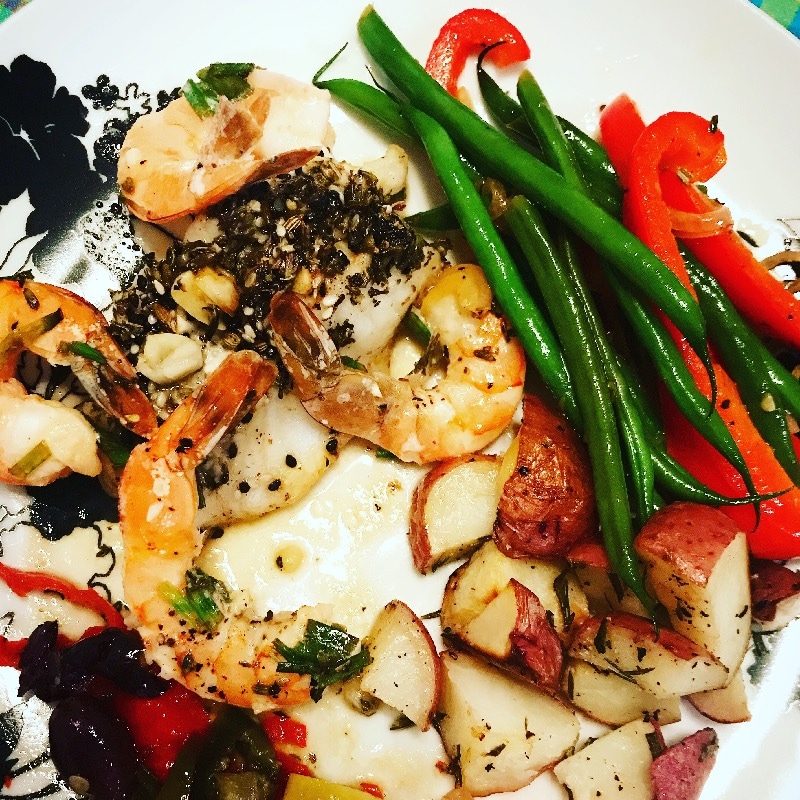 Fresh Herb Sea Bass & Garlic Chive Butter Prawns 