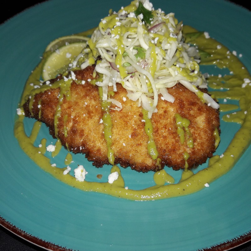 Spicy Guacamole Panko Chicken with mexican cole slaw