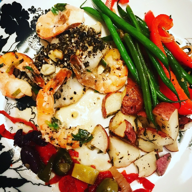 Lemon Herb Sea Bass with Garlic Butter Prawns 