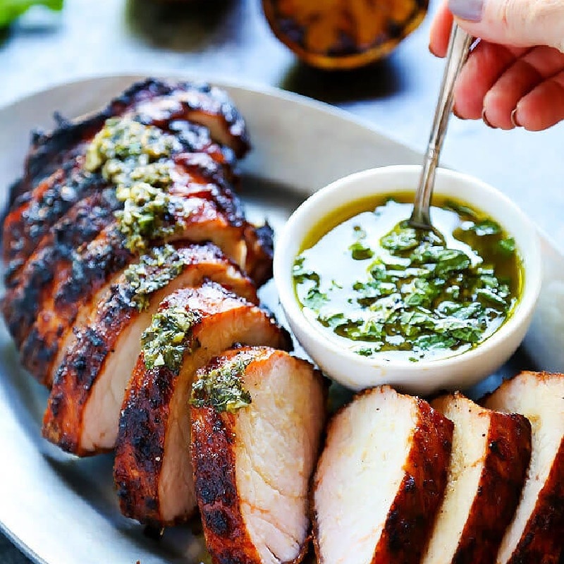 Pork loin with herb sauce 