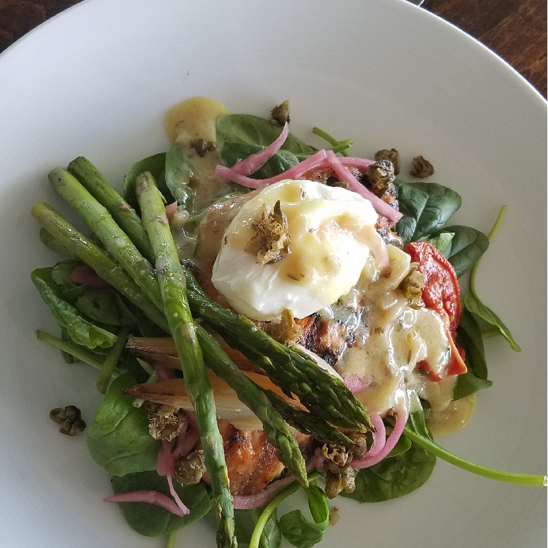 Grilled Salmon, Wilted Spinach, Sauce Bearnaise, Soft Cooked Egg