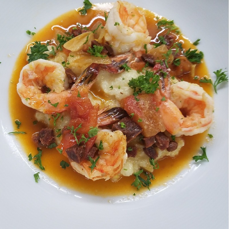 Shrimp and Grits with Lobster Butter and Chorizo