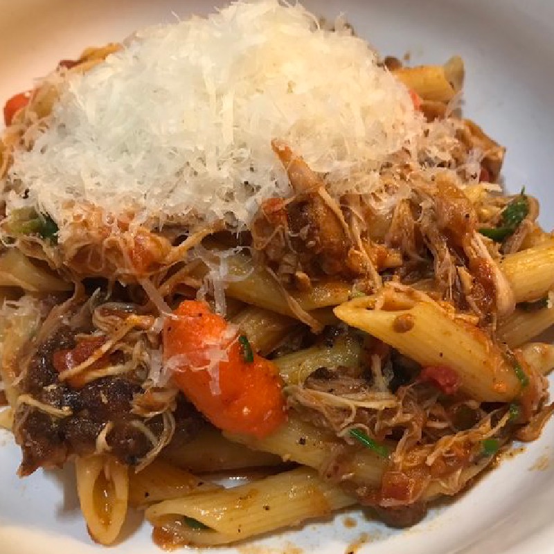 slow cooked chicken Ragu and penne 
