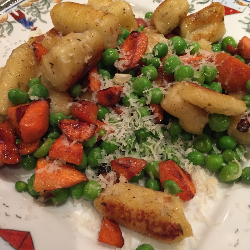 gnocchi with roasted carrots and fresh peas