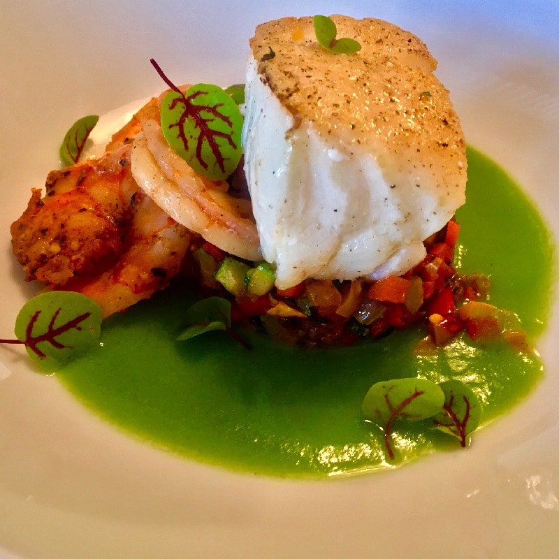 halibut with pea and ratatouille veg