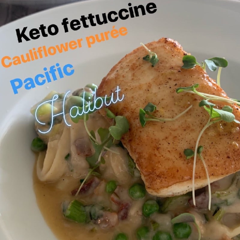 halibut with GF fettuccini and cauliflower puree 