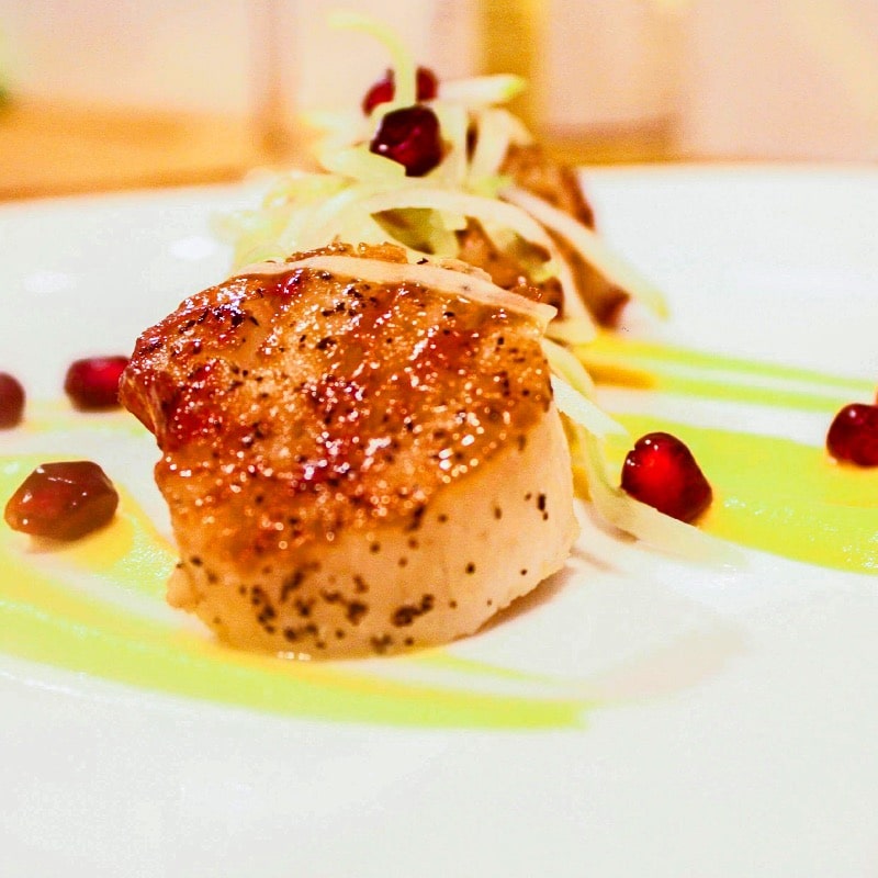 Scallops with apple celery salad and butternut puree