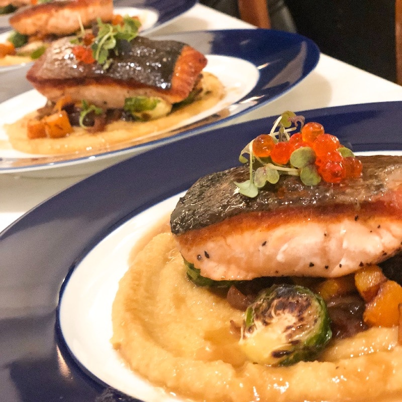 Maple glazed salmon with roasted root vegetables and cauliflower puree