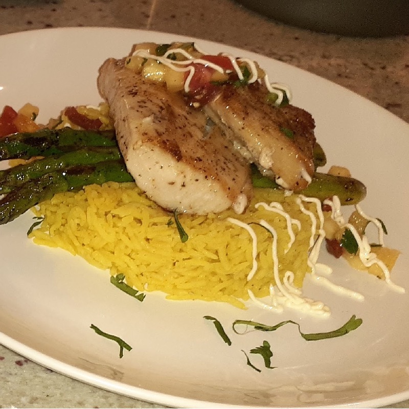 Mahi mahi orange infused rice pineapple salsa