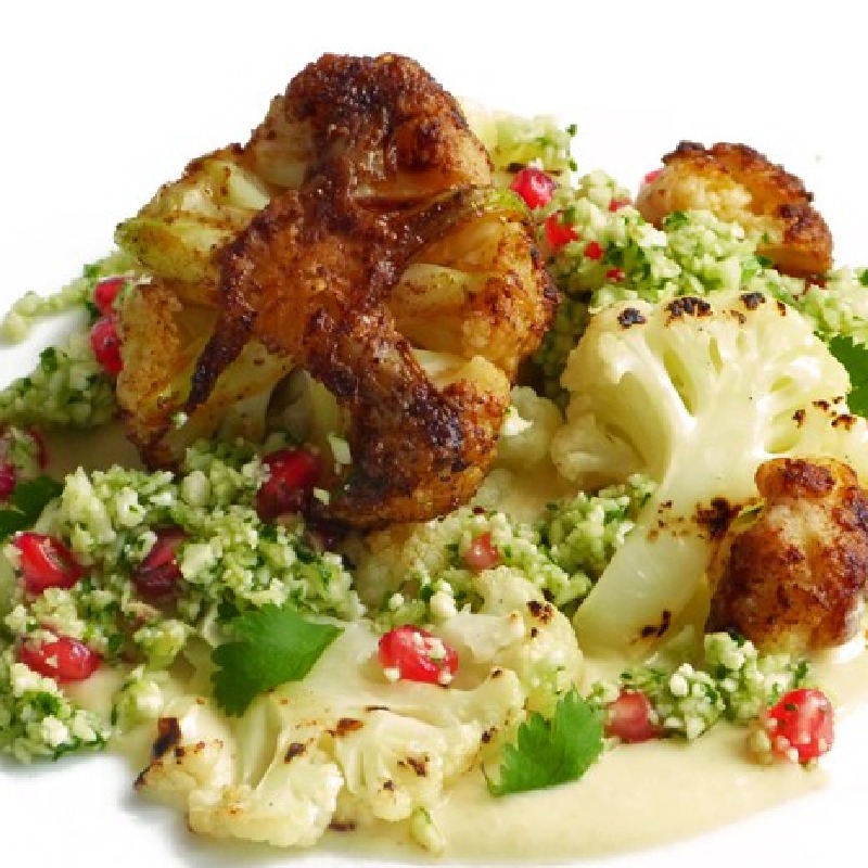 Baharat roasted and smoked cauliflower, pomegranate cauliflower couscous, tahini dressing