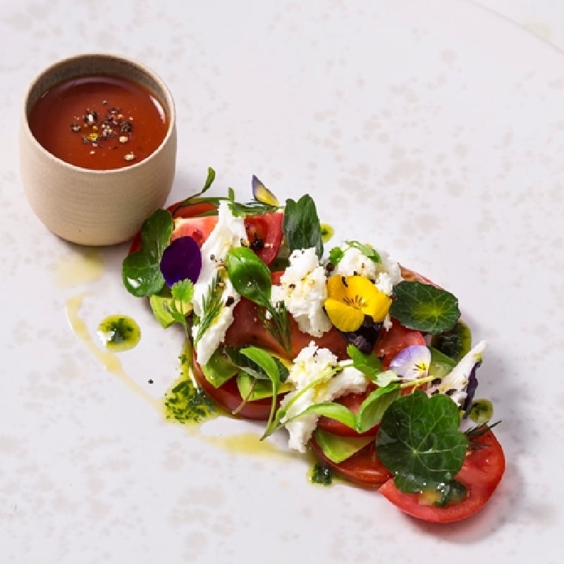 gazpacho and tomato and mozzarella salad
