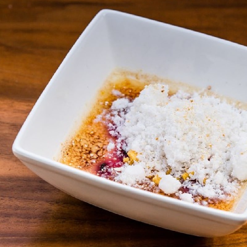 Raspberry crème brûlée with coconut snow