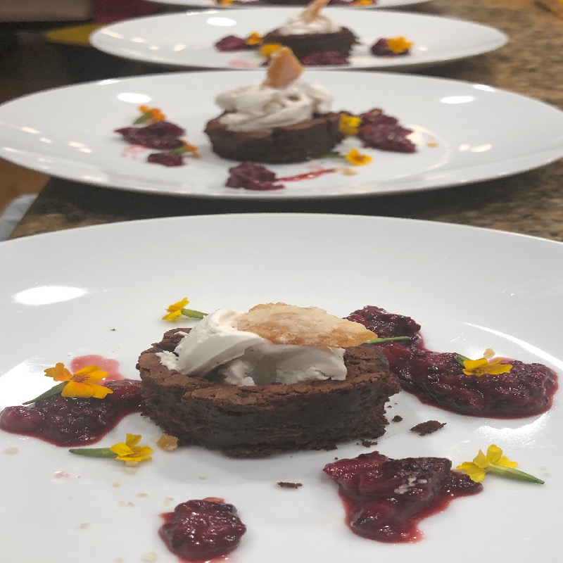 Flourless chocolate cake, coconut ice cream, hazelnuts 