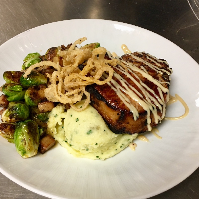 Grilled PorterPork w/ Herbed Mash and Roasted Spouts