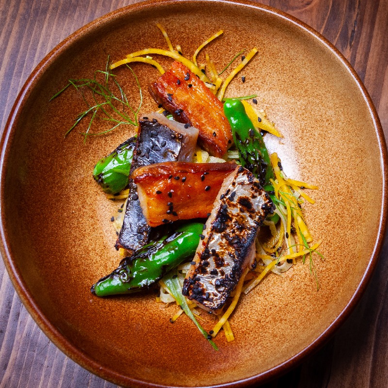 Charred Mackerel and Pork Belly, Shishito, Beet and Fennel