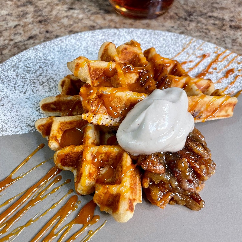 Pecan Pie Waffle with Hennessy Salted Caramel and Cinnamon Whipped Cream