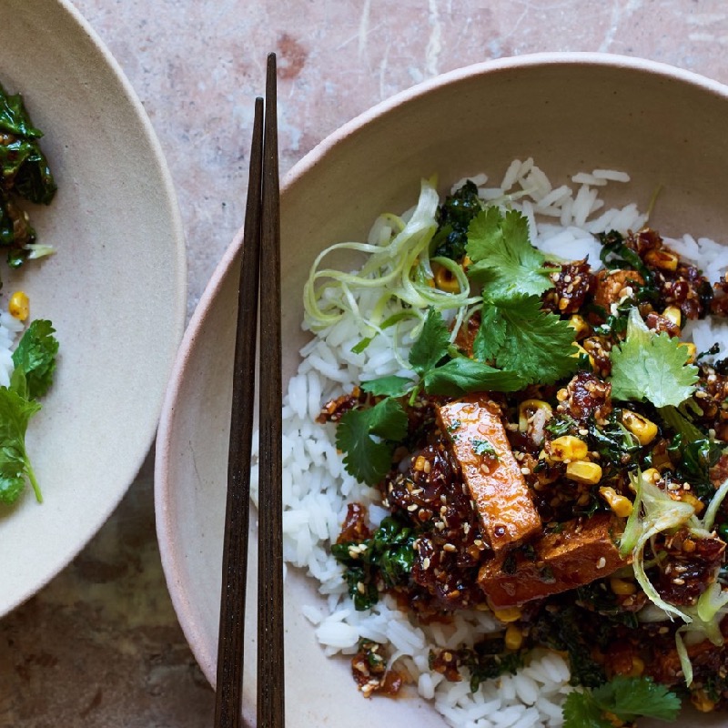 Greens and caramelised tofu 