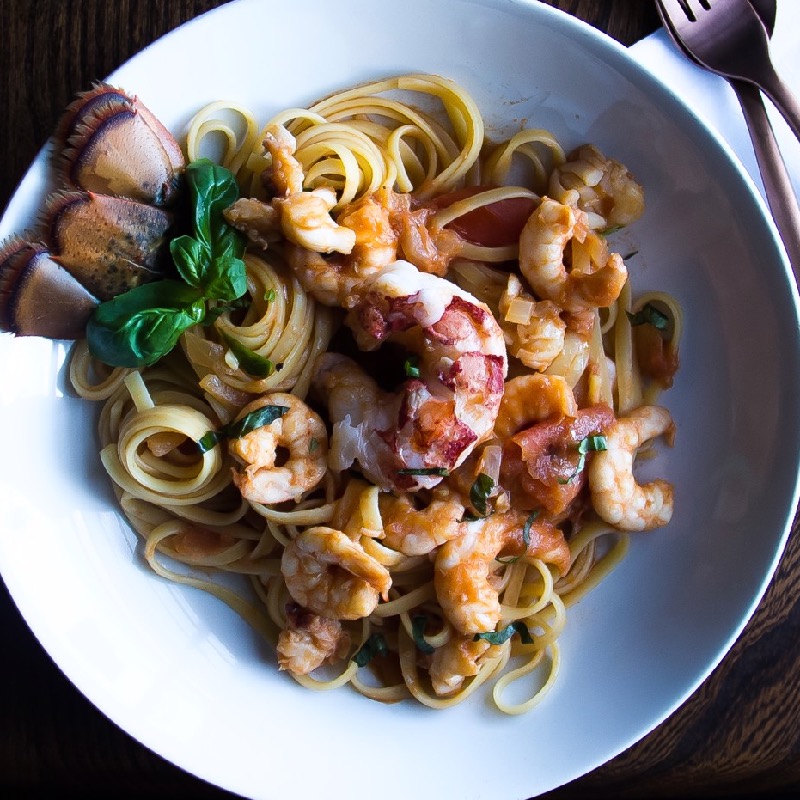 Lobster linguine with prawns