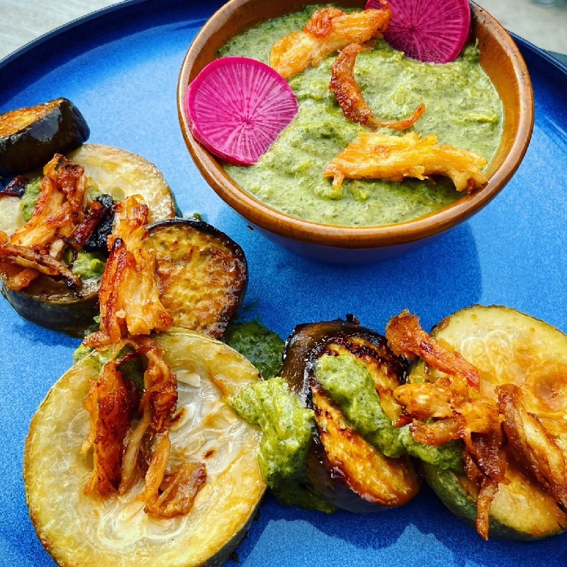 Miso Roasted Opo Squash with Pumpkin Leaf Soup