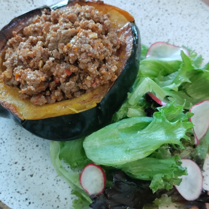 Moussaka stuffed baked acorn squash