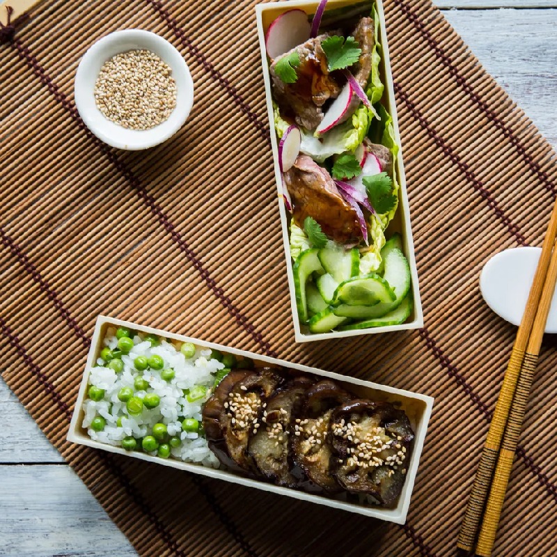 Simple steak teriyaki and miso aubergine bento box