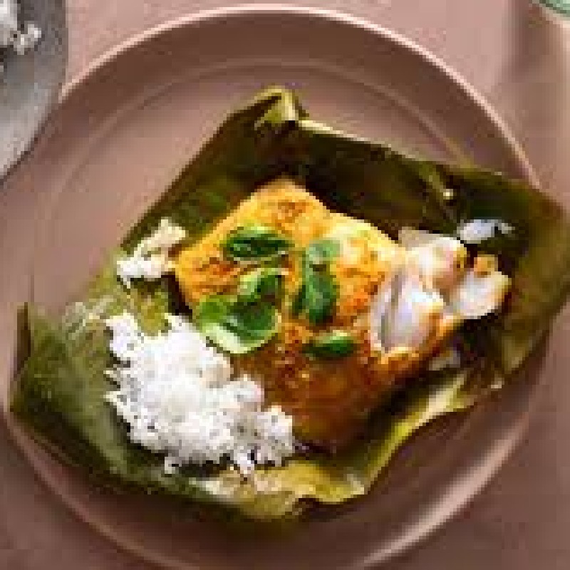 fish in banana leaf/ coconut broth