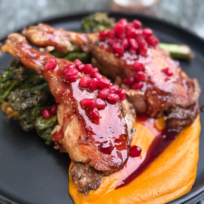 Duck with pomegranate glaze and sweet potato puree 